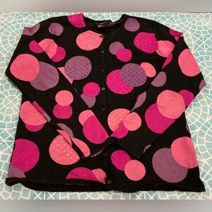💛TODAY***$23***Obee black cardigan with pink and purple circle design.